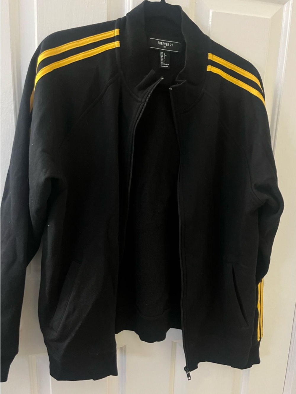 Forever 21 Men’s Black Track Jacket with Yellow Stripes Large